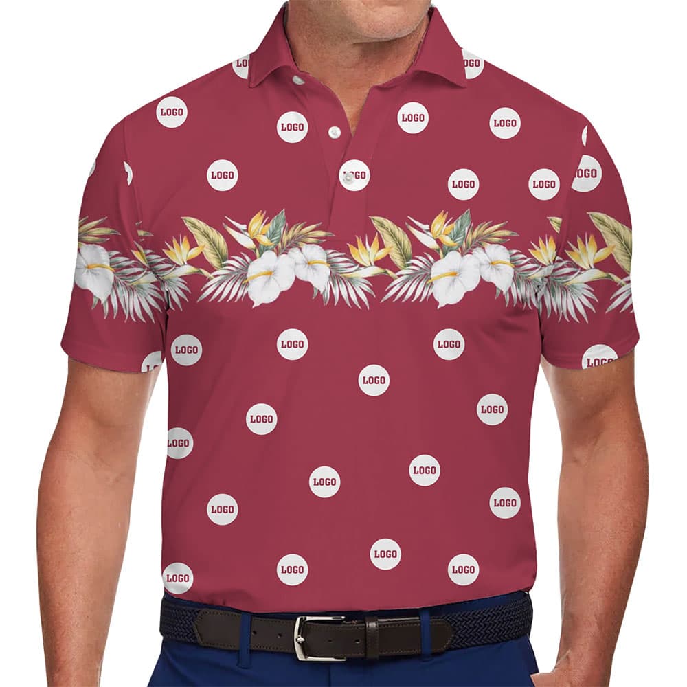 Custom Tropical Polo with Bold Red and White Floral Pattern 1