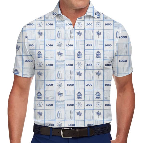 Customizable White Polo Shirt with Sketch-Style Tropical Elements 1