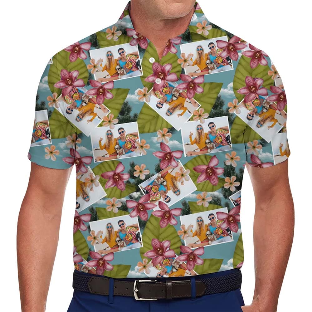 Men in Aloha Floral Polo Shirt With Personalized Photos No Minimum