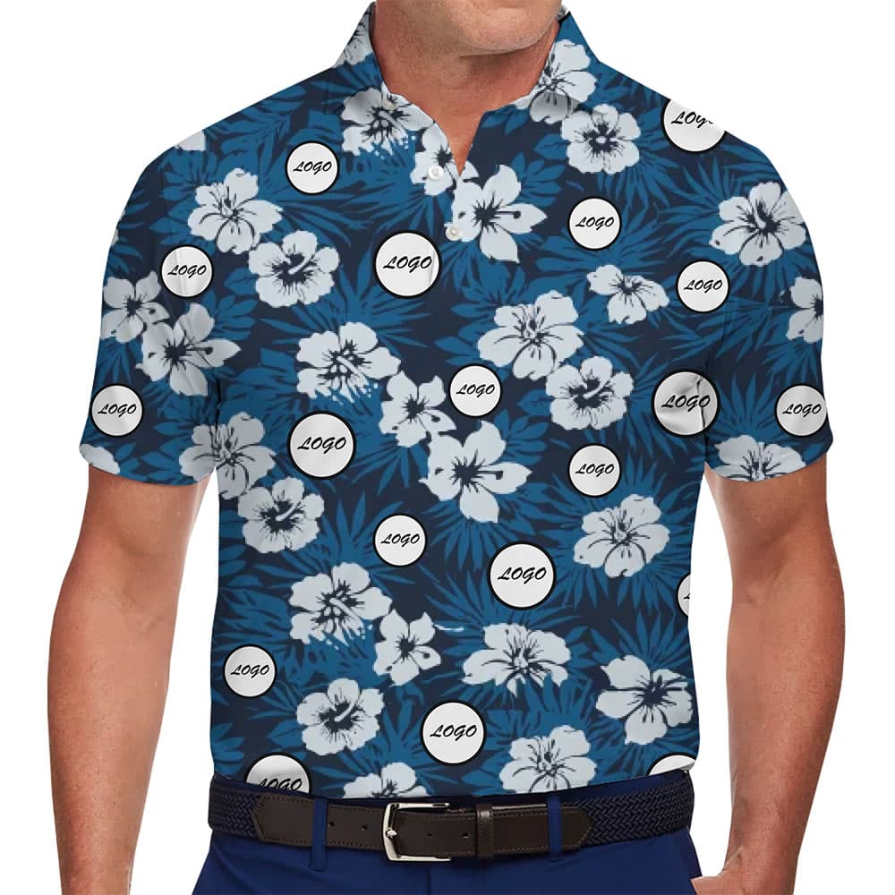 Men in Custom Blue Hibiscus Hawaiian Polo Shirt With Logo And Preview