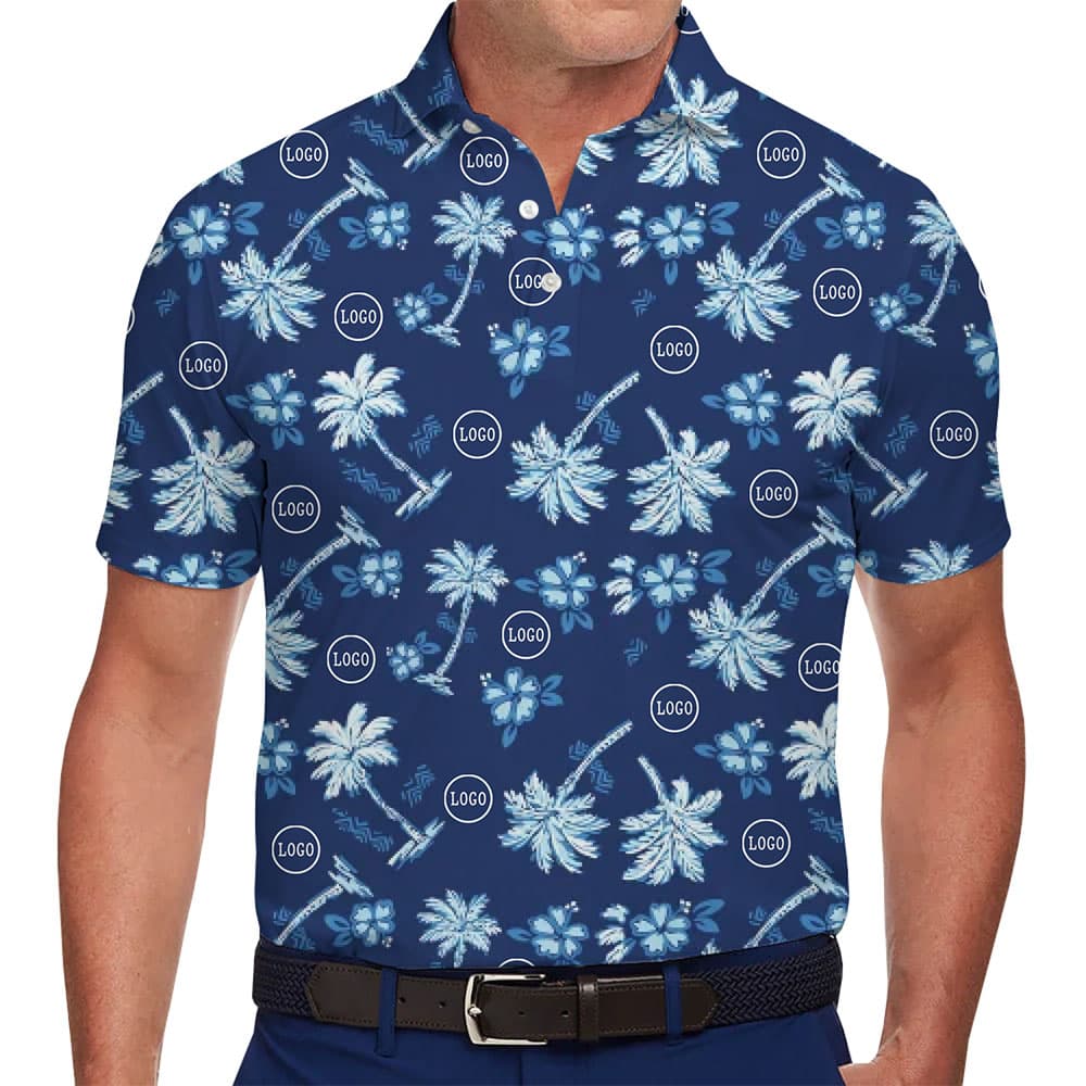 Men in Custom Navy Blue Aloha Golf Shirts With Logo