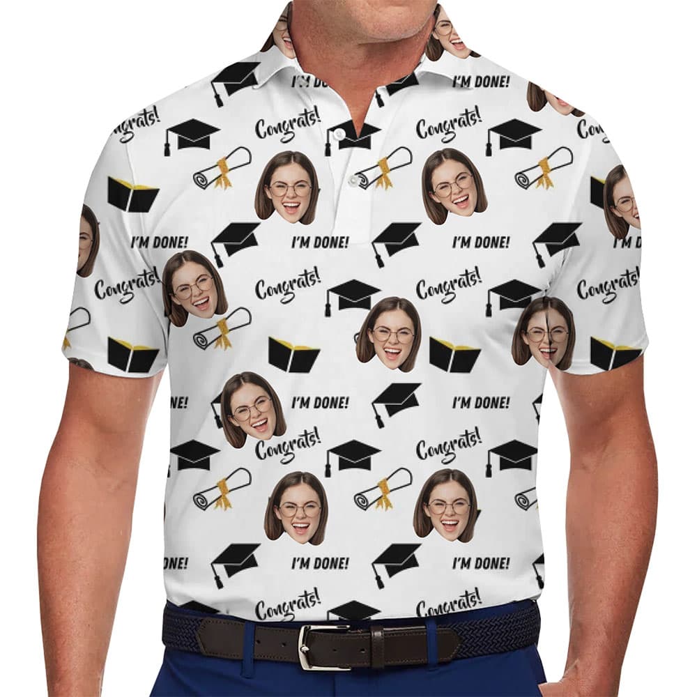 Men in Custom White Graduation Polo Shirt With Face And Preview