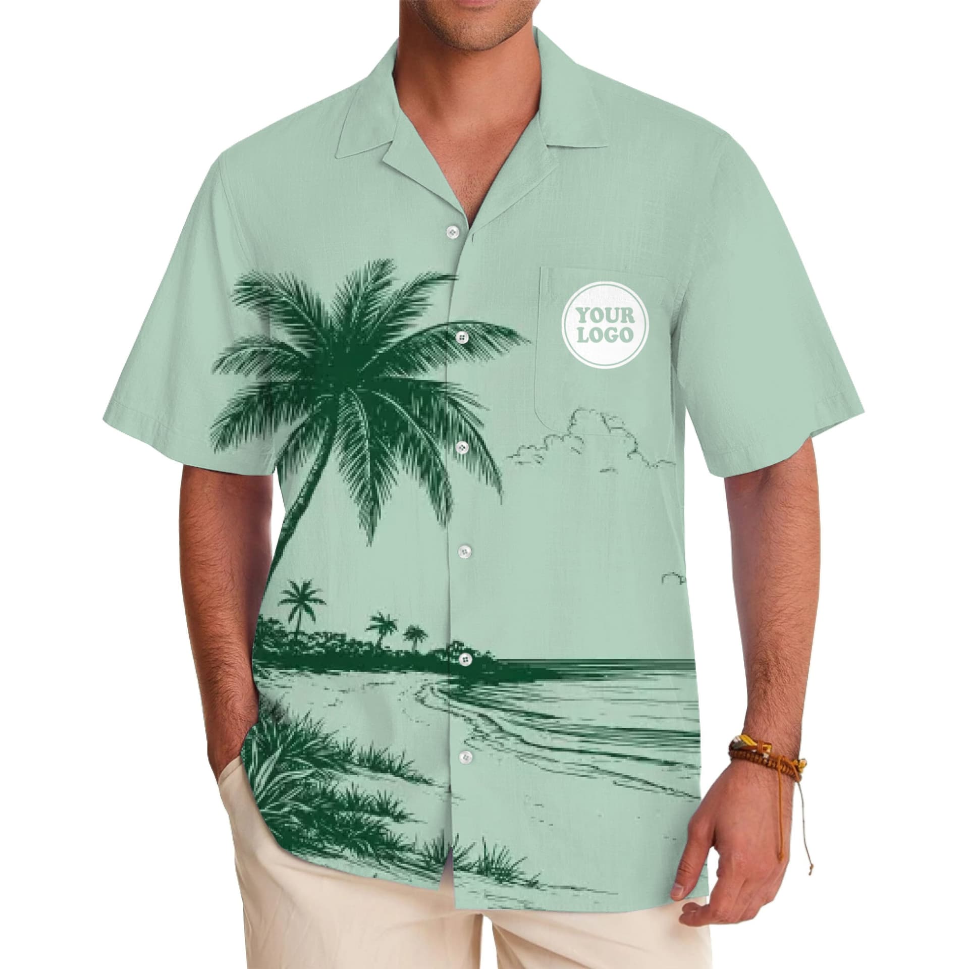 Model in Mint Green Custom Hawaiian Shirt With Logo And No Minimum