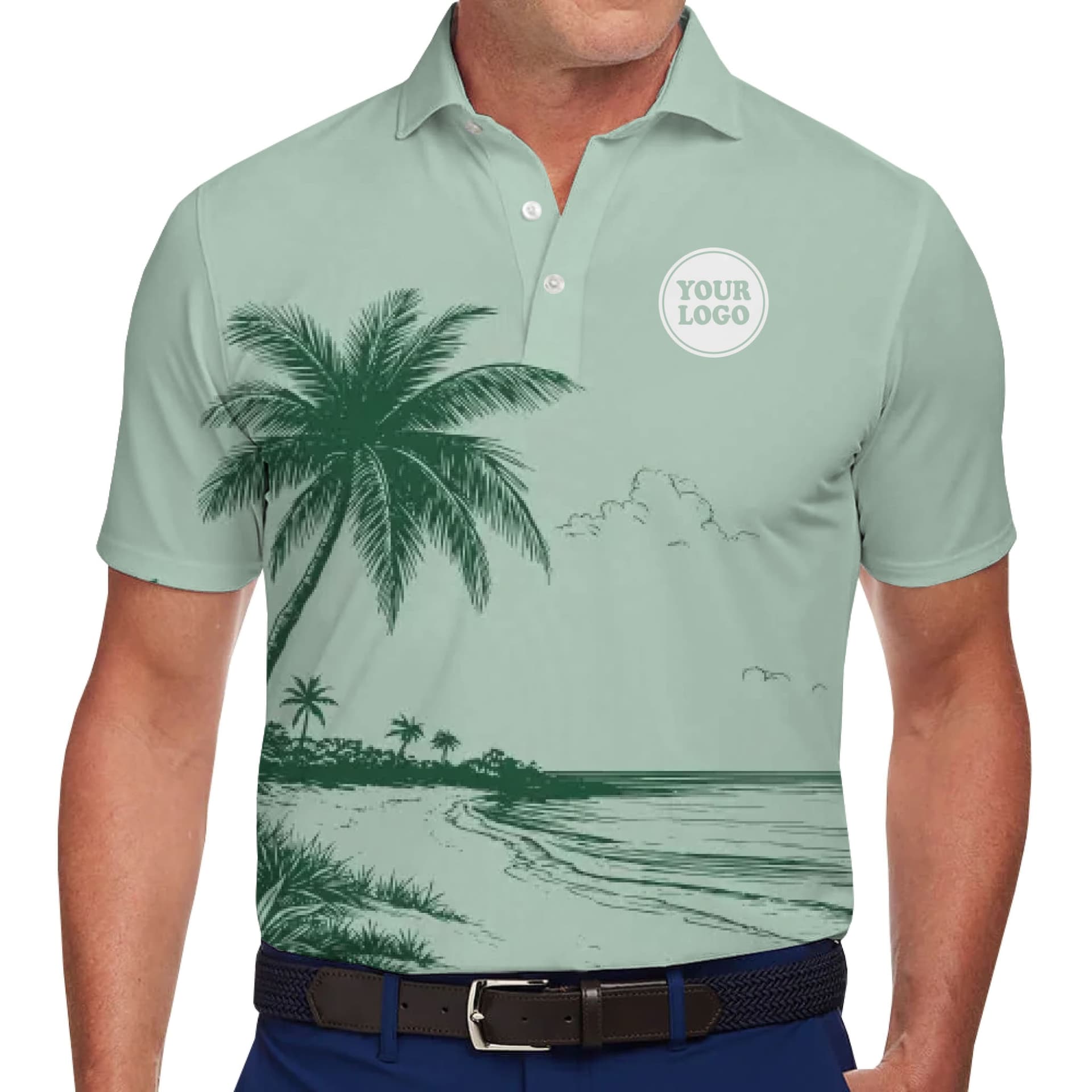 Model in Mint Green Custom Palm Tree Polo Shirt With Logo