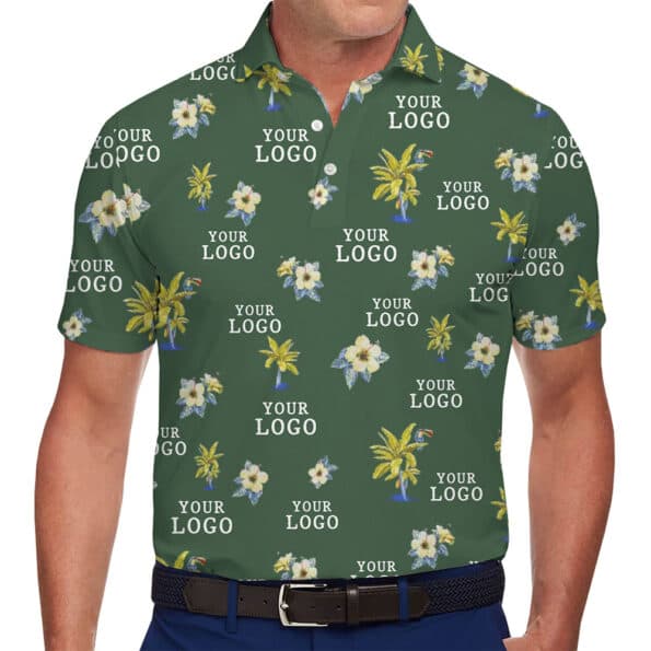 Personalized Logo Polo Shirt with Vibrant Tropical Palm and Floral Print 1