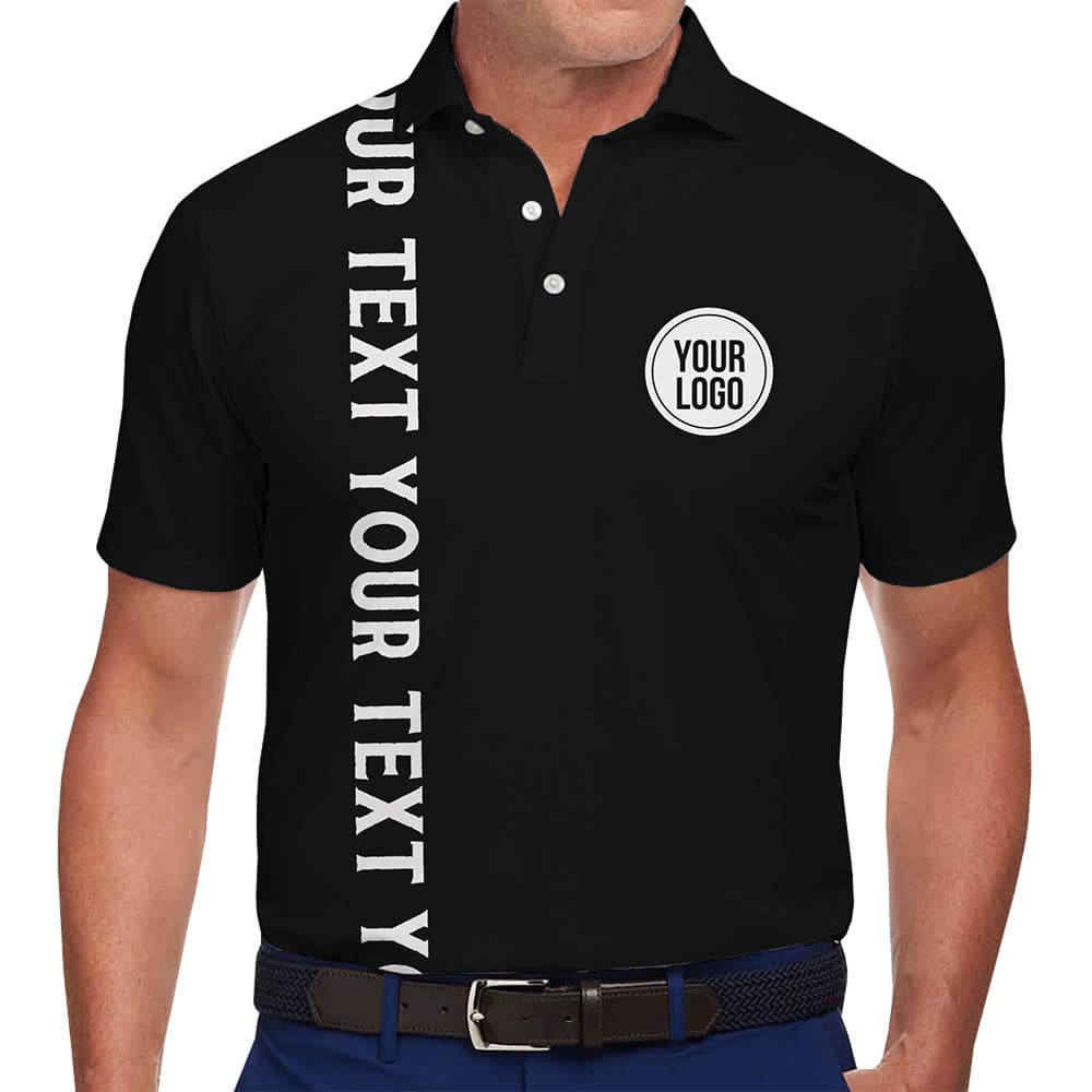Professional Black Polo Shirt with Bold Text and Logo Personalization 1