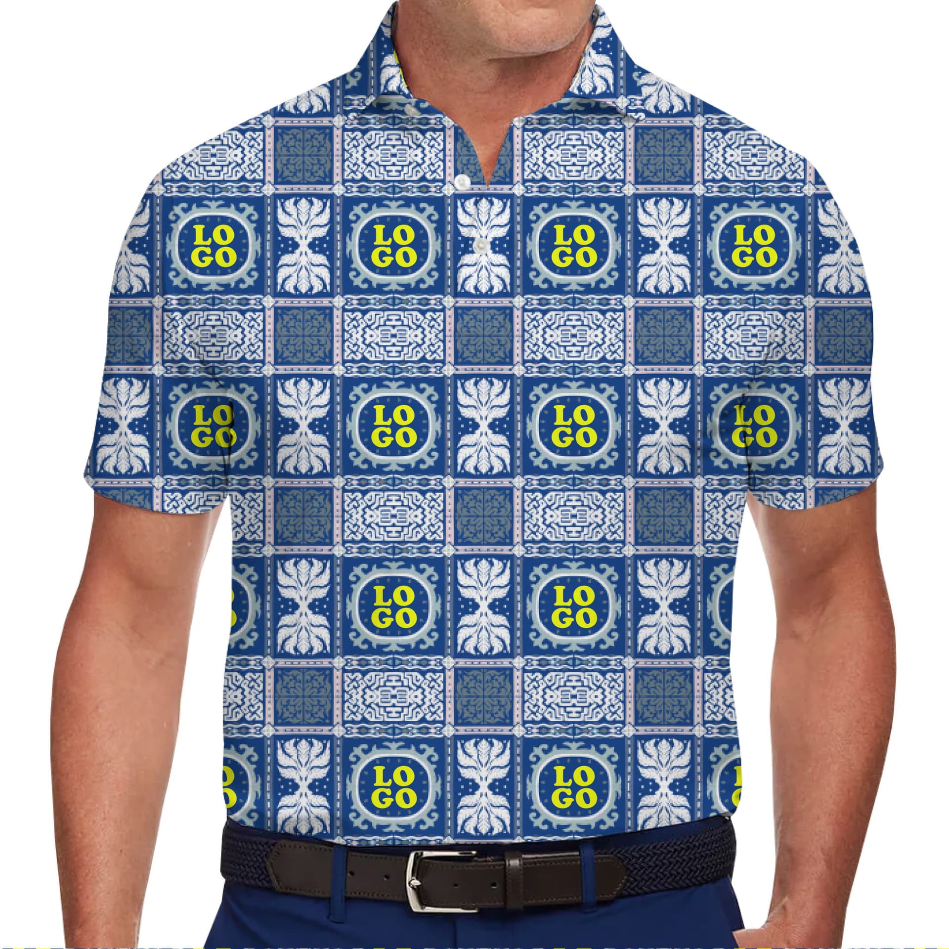 Royal Blue Geometric Custom Logo Polo Shirt in model