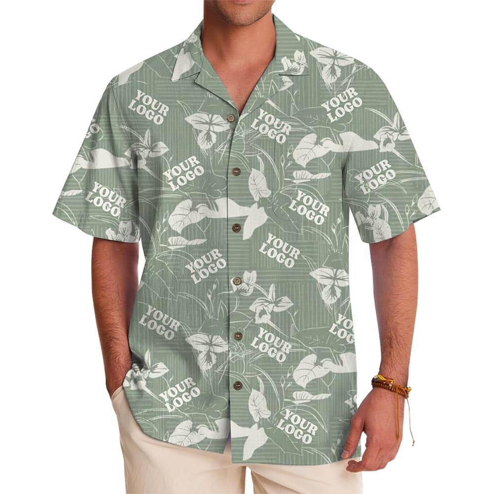 Sage Tropical Leaf Custom Hawaiian Shirt With Logo in model