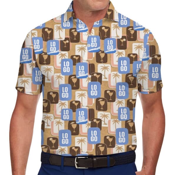 Stylish Branded Tropical Polo with Palm and Cocktail Prints