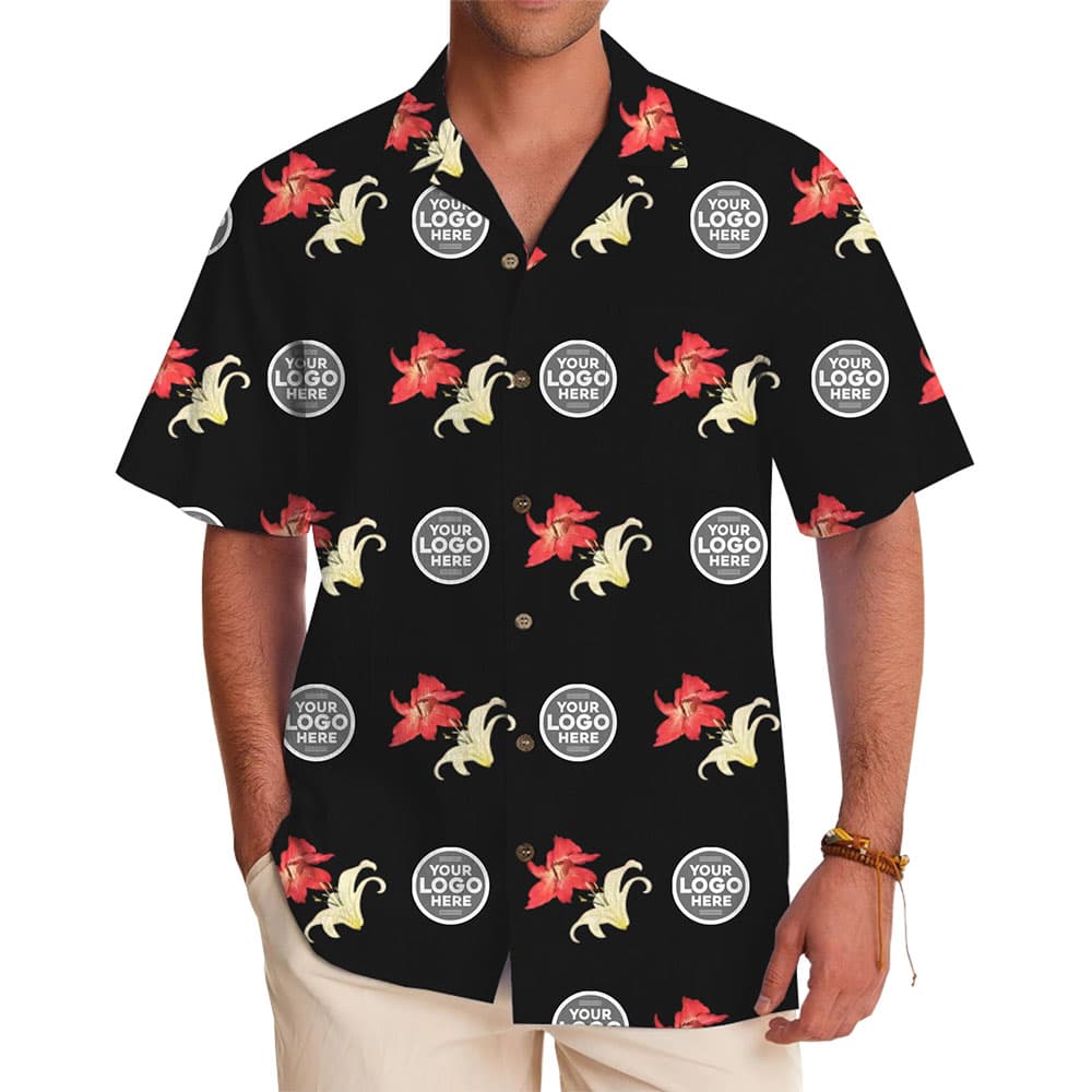 Tropical Floral Black Aloha Shirt with Logo Customization for men