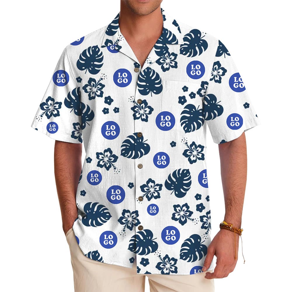 Custom Hawaiian Shirt with Tropical Floral and Logo Design in model