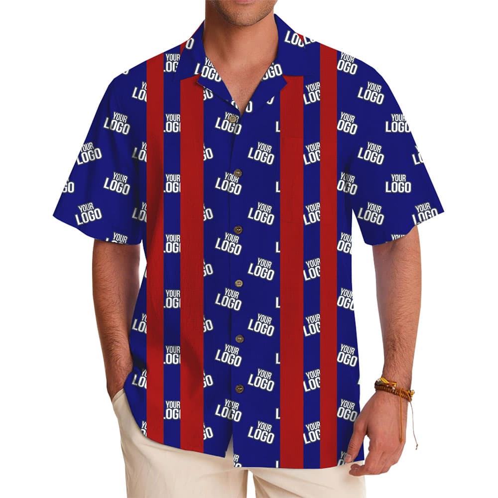 Custom Logo Hawaiian Shirt with Bold Blue and Red Stripe Design 1
