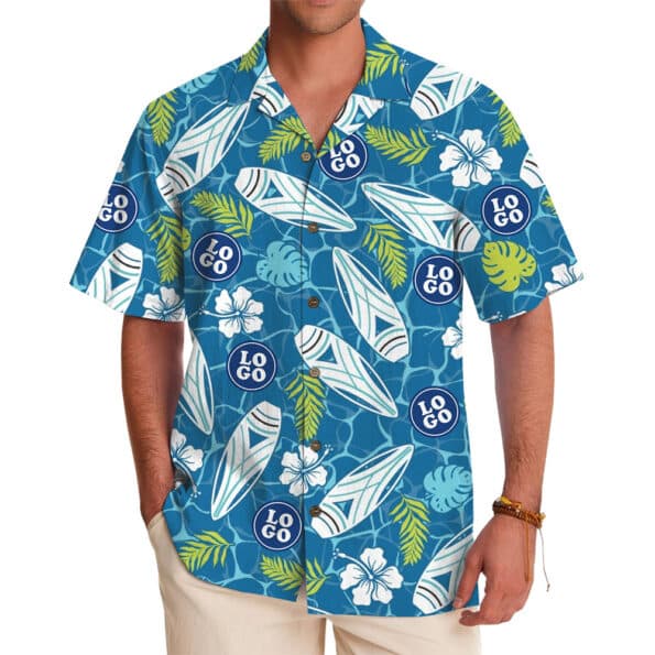 Custom Logo Hawaiian Shirt with Tropical Surfboard Design for company