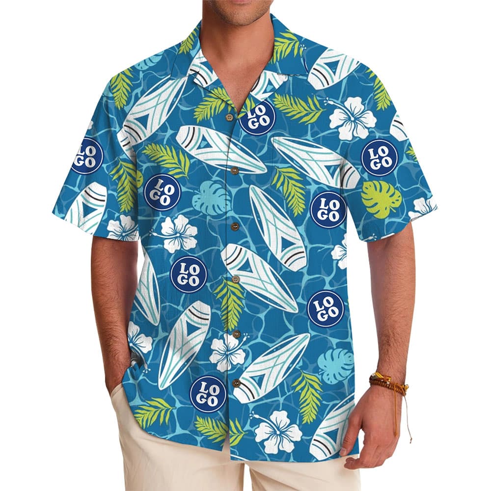 Custom Logo Hawaiian Shirt with Tropical Surfboard Design for company