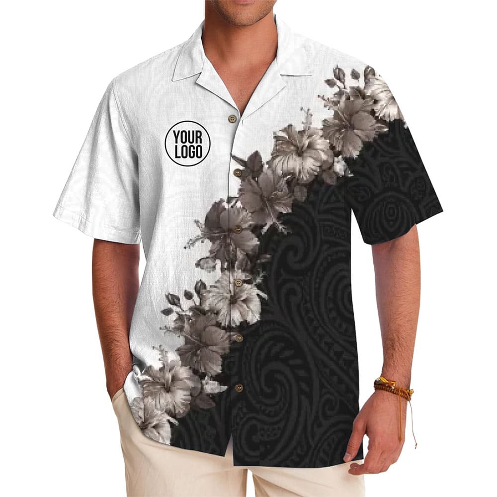 Monochrome Hibiscus Polynesian Pattern Hawaiian Shirt With Logo