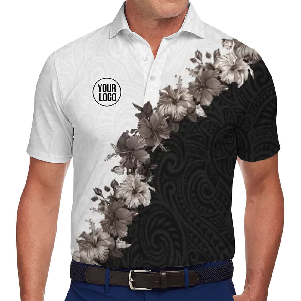 Monochrome Hibiscus Polynesian Pattern Polo Shirt With Logo