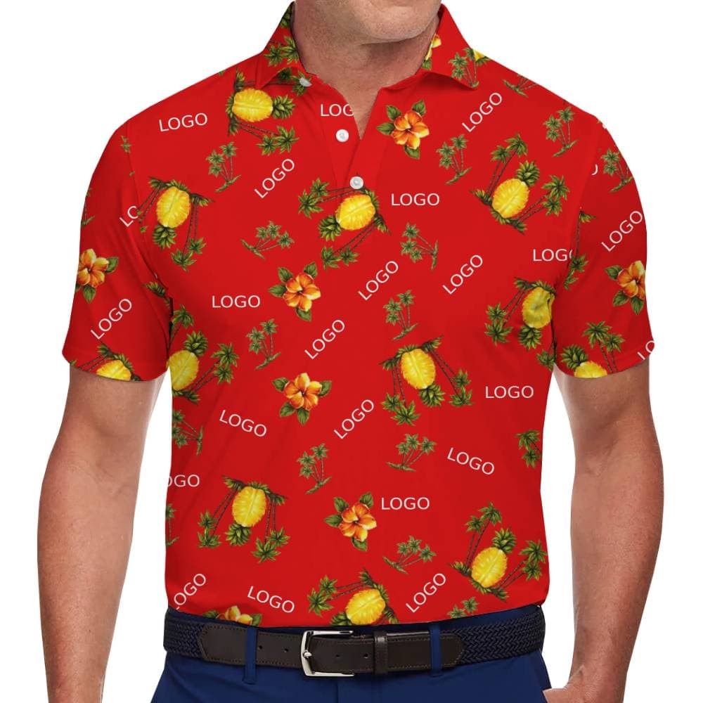 Personalized Red Polo Shirt Featuring Pineapple Print and Logo Integration 1