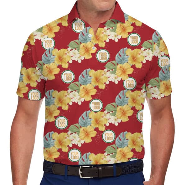 Polo Shirt with Tropical Flowers and Custom Logo Details for company