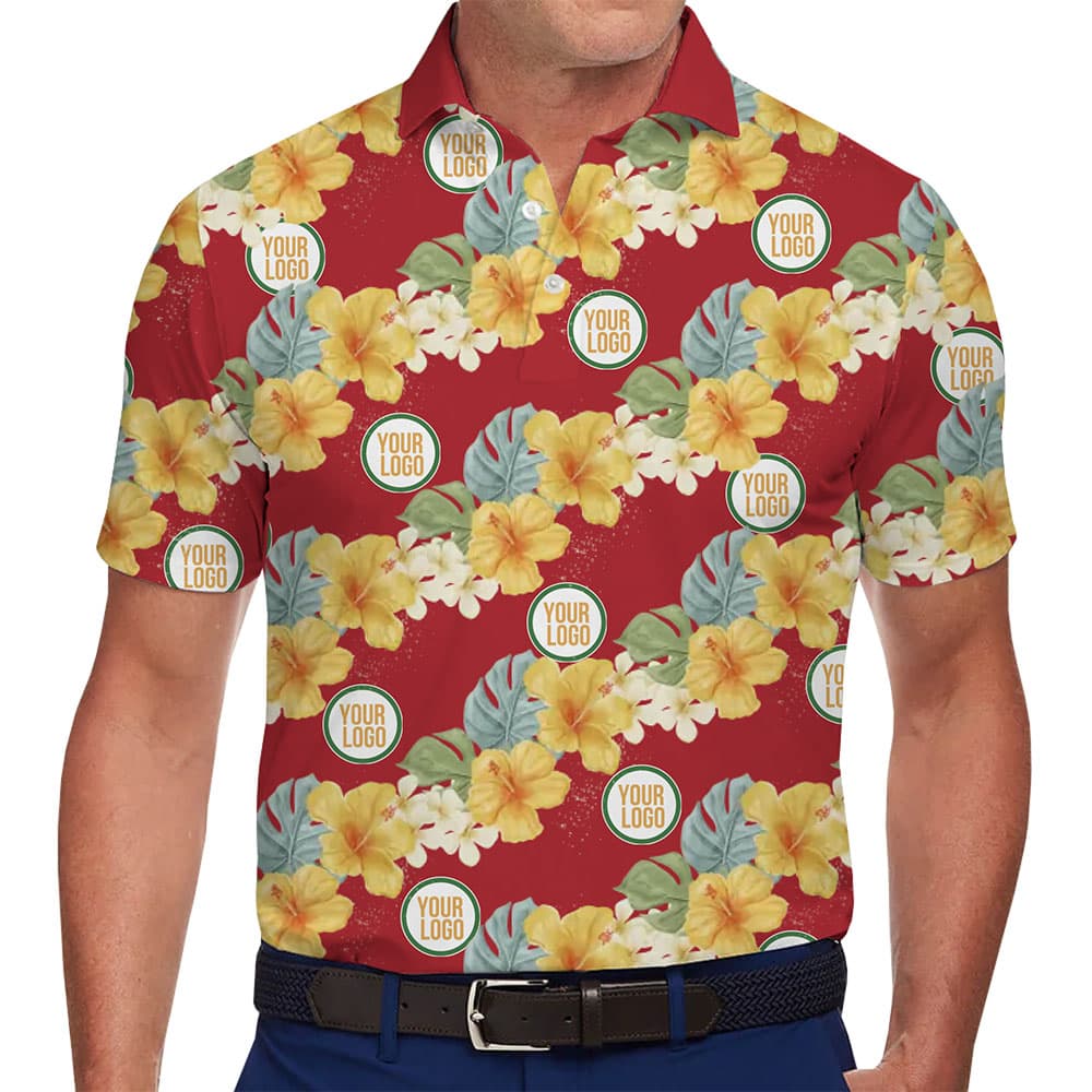 Polo Shirt with Tropical Flowers and Custom Logo Details for company