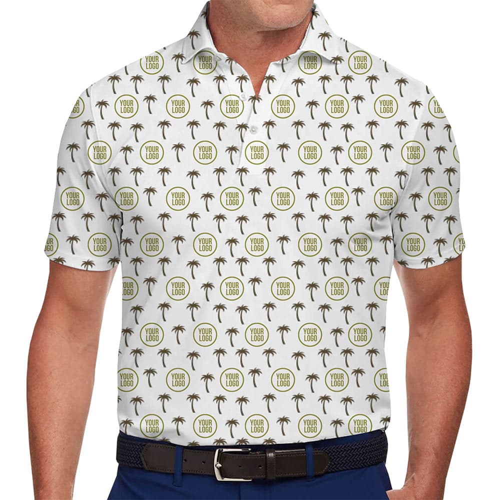Repeating Palm Tree and Logo Print Polo Shirt