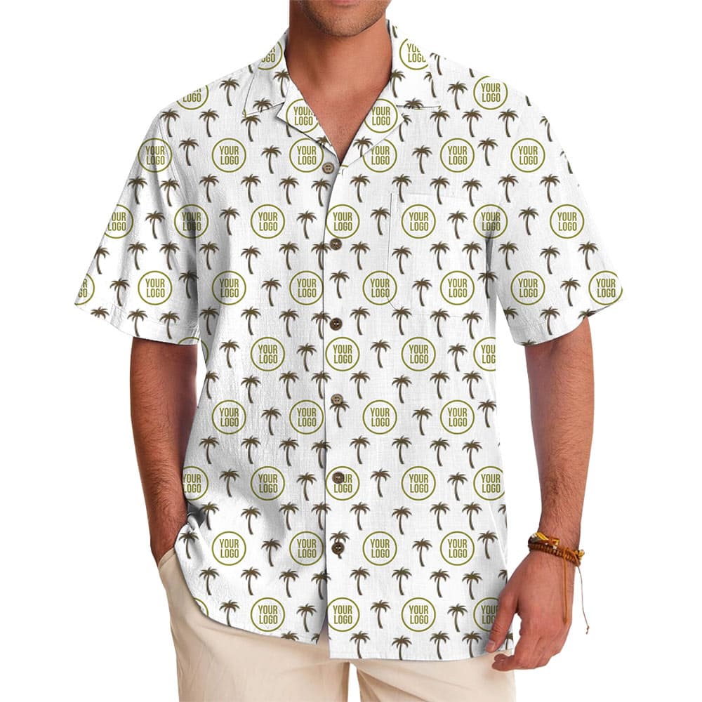 Repeating Palm Tree and Logo Print Summer Hawaiian Shirt
