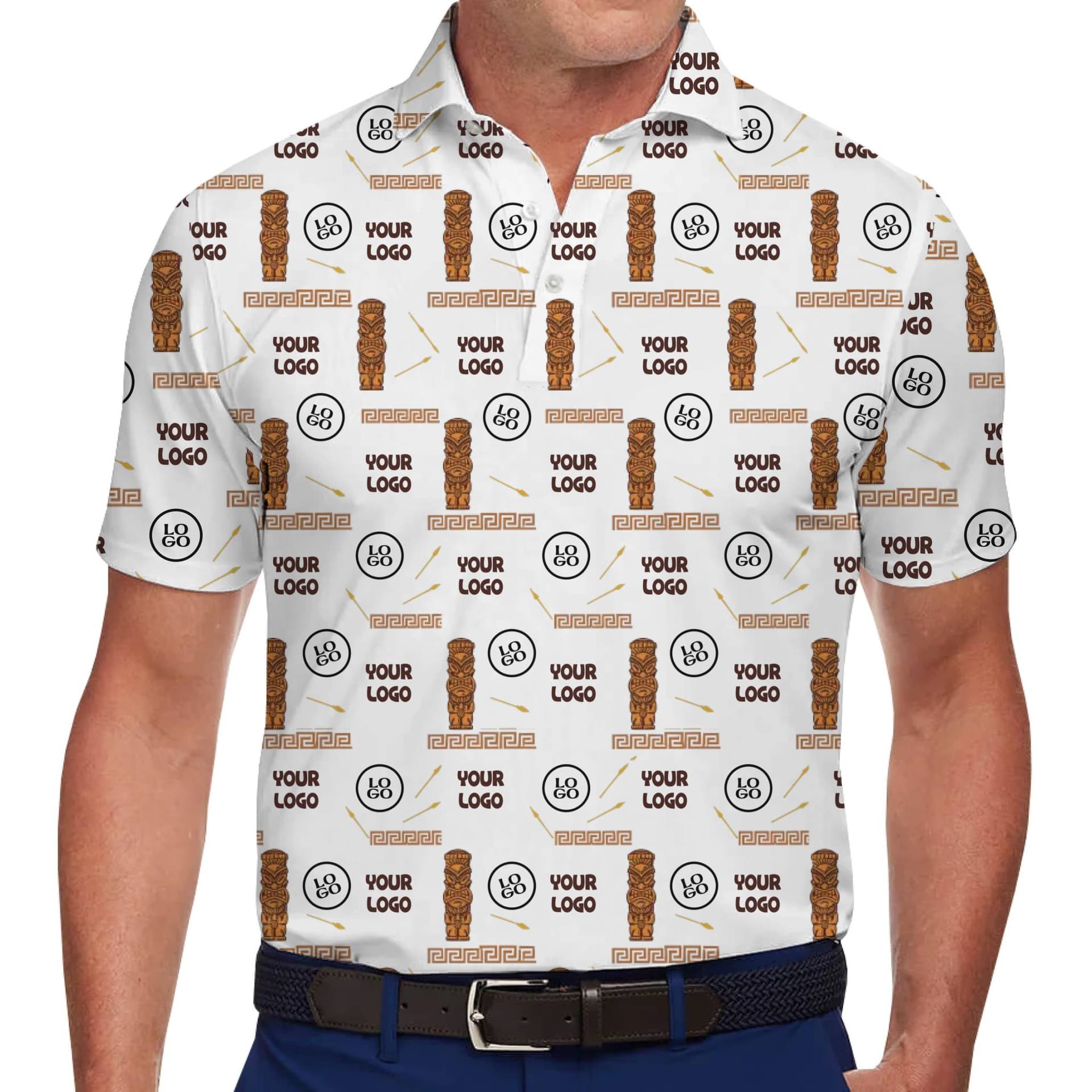 Rustic Tiki-Pattern Polo Shirt with Distinct Geometric Designs and Logos 1