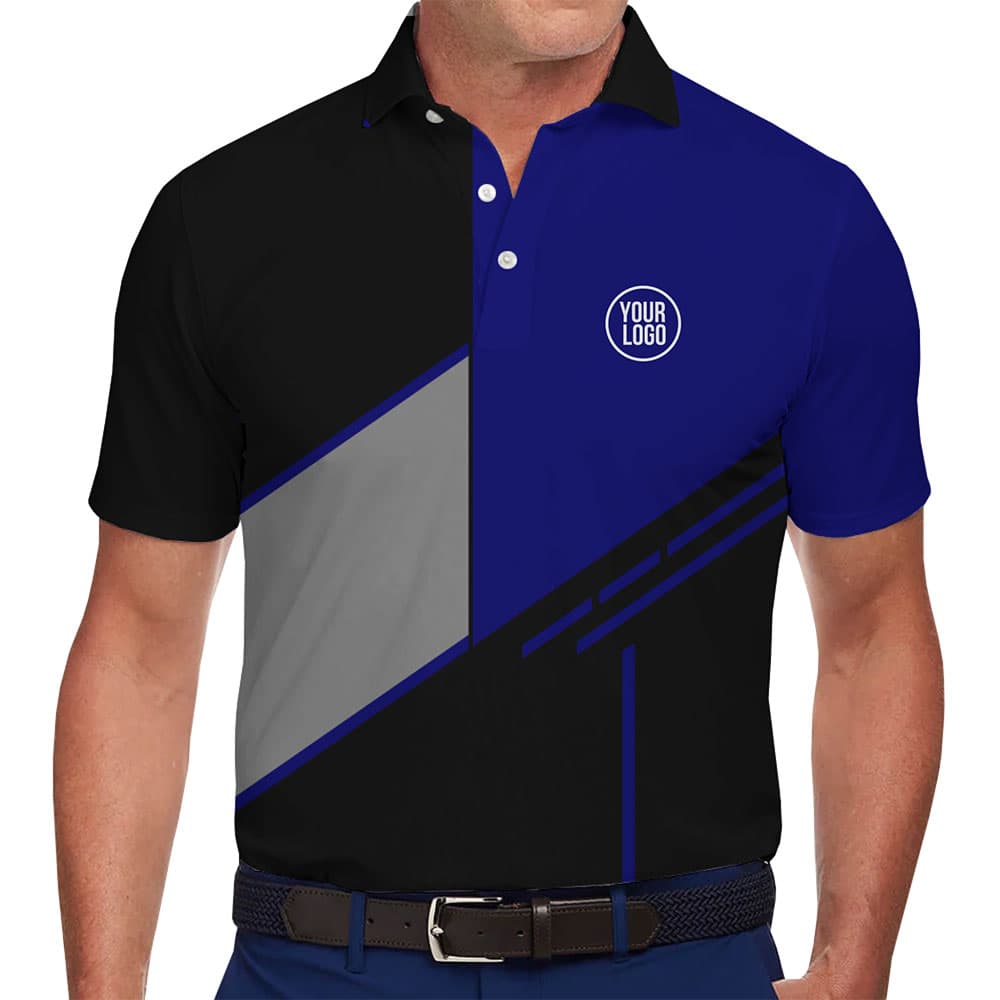 Stylish Blue and Black Polo Shirt with Custom Logo Placement 1