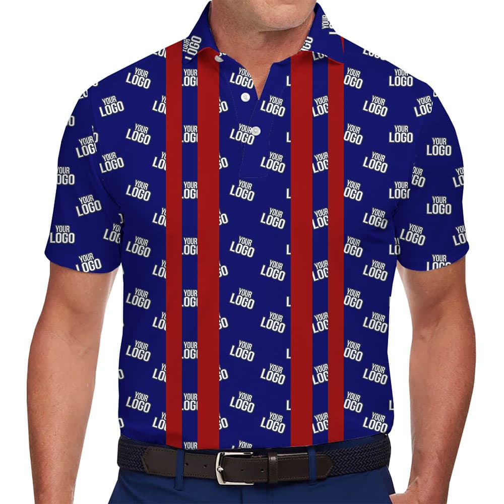 Stylish Polo Shirt with Blue and Red Stripes for Team Branding 1