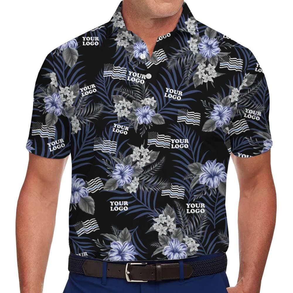 Tropical Black Polo Shirt with Blue Flowers and Personalized Branding 1