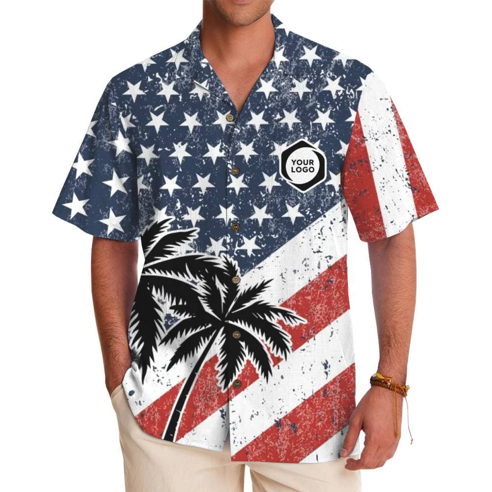 Custom Logo USA Flag Patriotic Palm Tree Vintage Hawaiian Shirt