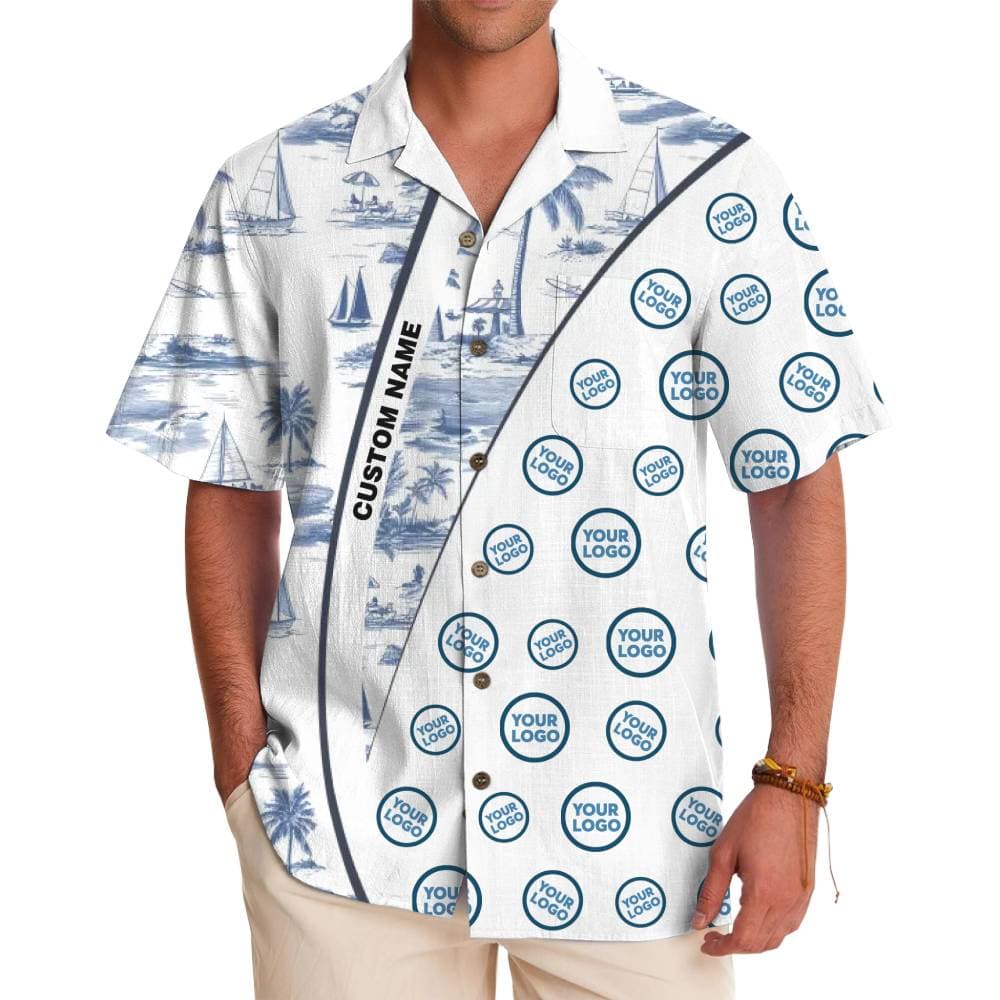 Custom Logo and Name Nautical Scene Aloha Shirt with Live Preview