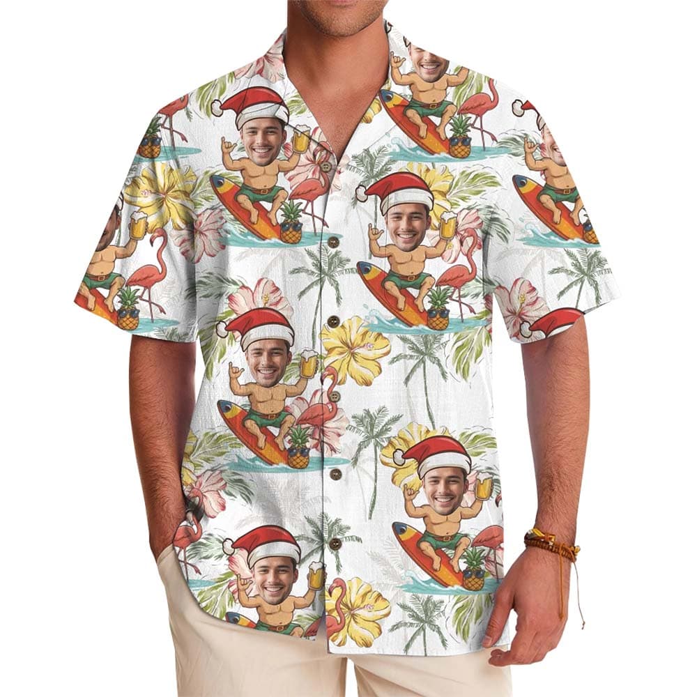 Personalized Santa Face Tropical Hawaiian Shirt With Preview