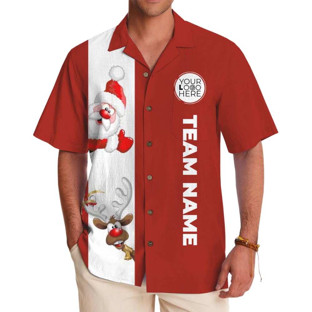 Custom Logo Santa and Reindeer Vertical Stripe Hawaiian Shirt
